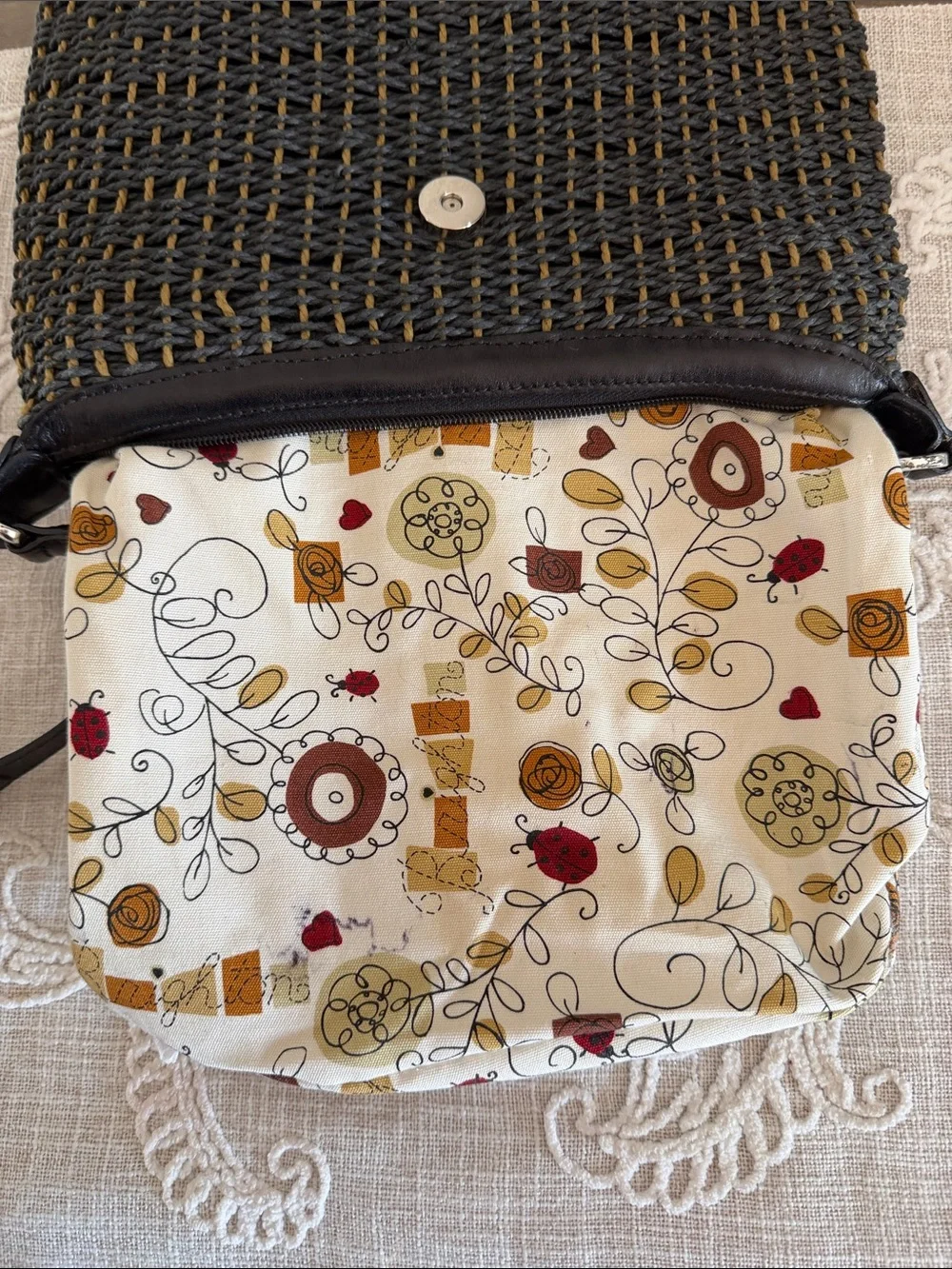 Brighton Black Woven Shoulder Bag with Brown Flap and Silver Heart Accent